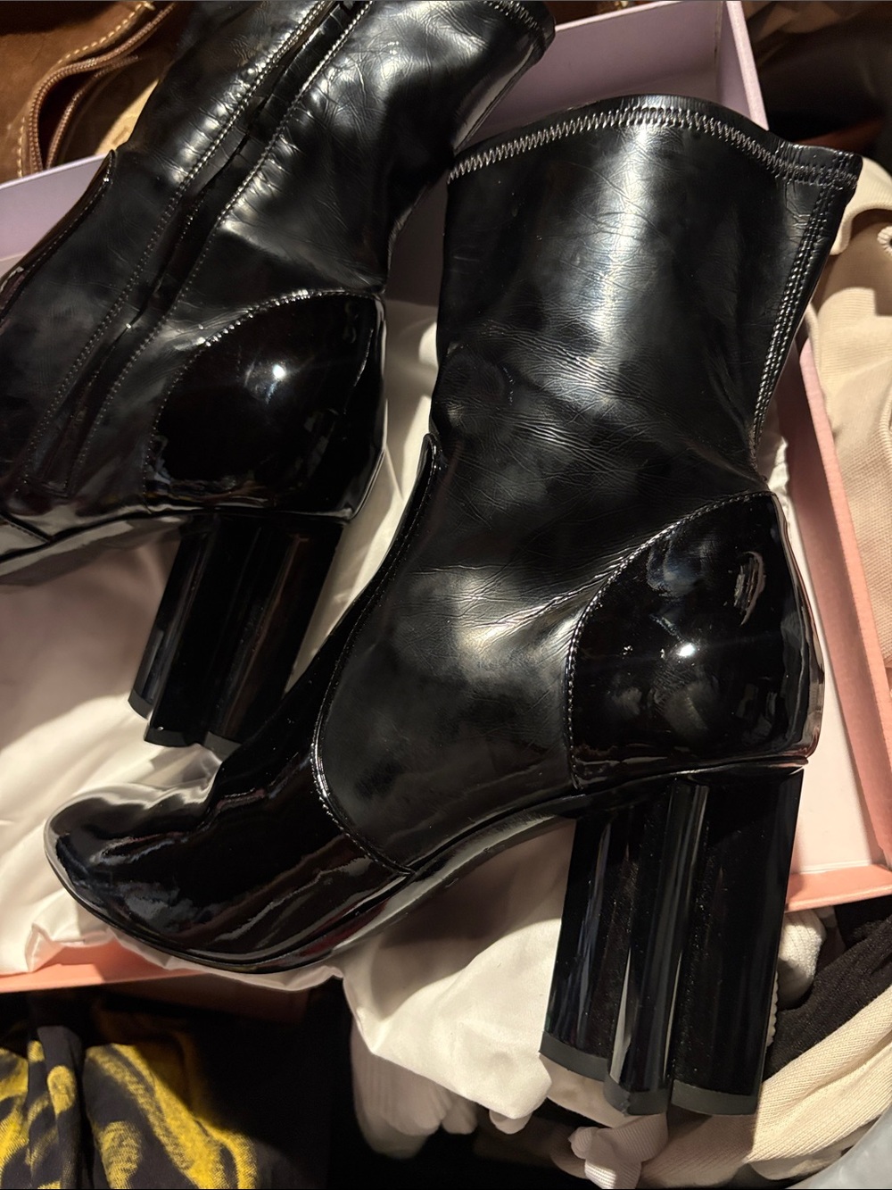 Black Patent Mid-Calf Block Heel Boots - Picture 3 of 13